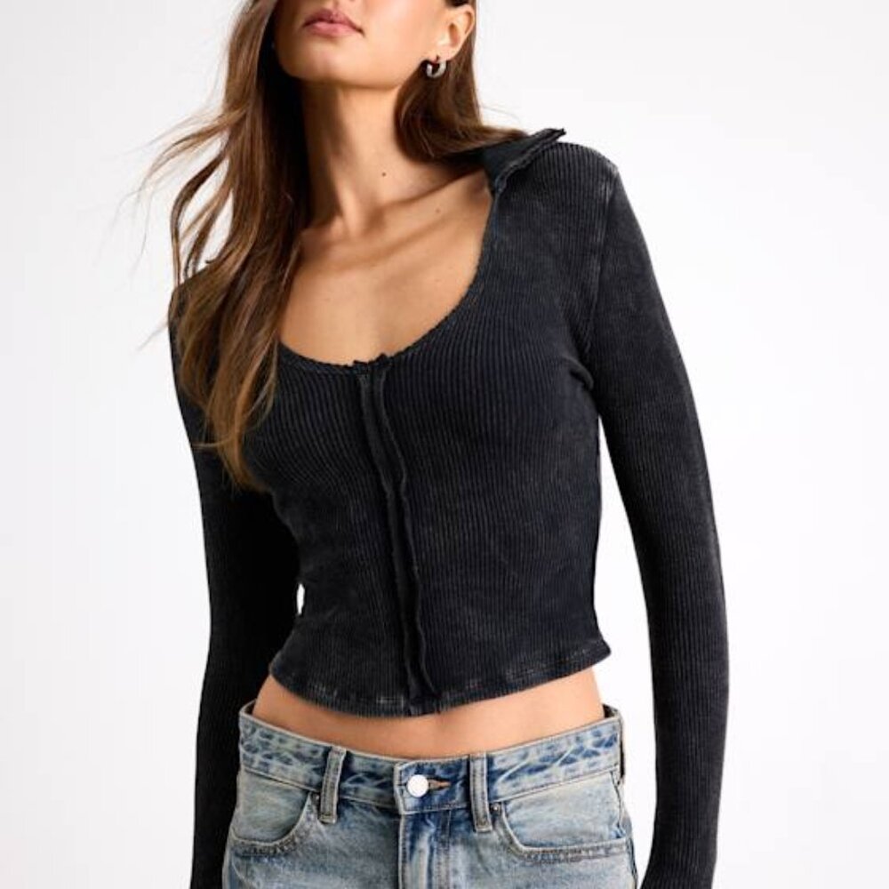 *NWT* - Lulus - Kinslee Washed Black Ribbed Seamed Long Sleeve Top - Size S